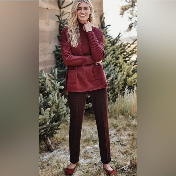 J. Jill Ponte Slim Leg Burgundy Black Plaid Check Holiday Knit Pants - Picture 1 of 8